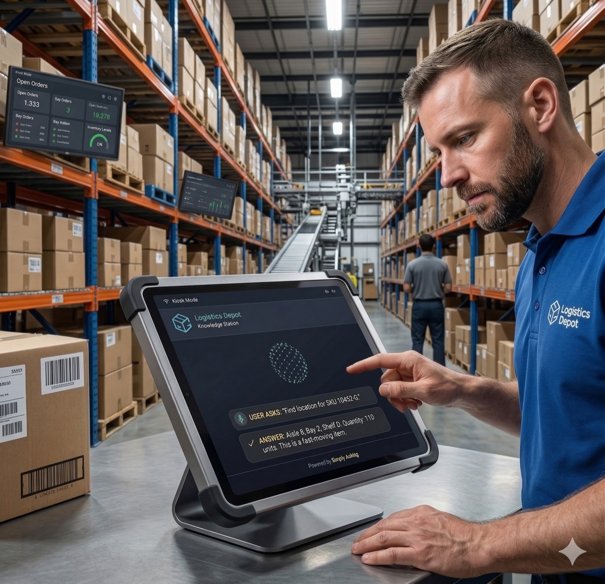A warehouse worker using a Knowledge Station tablet on the floor